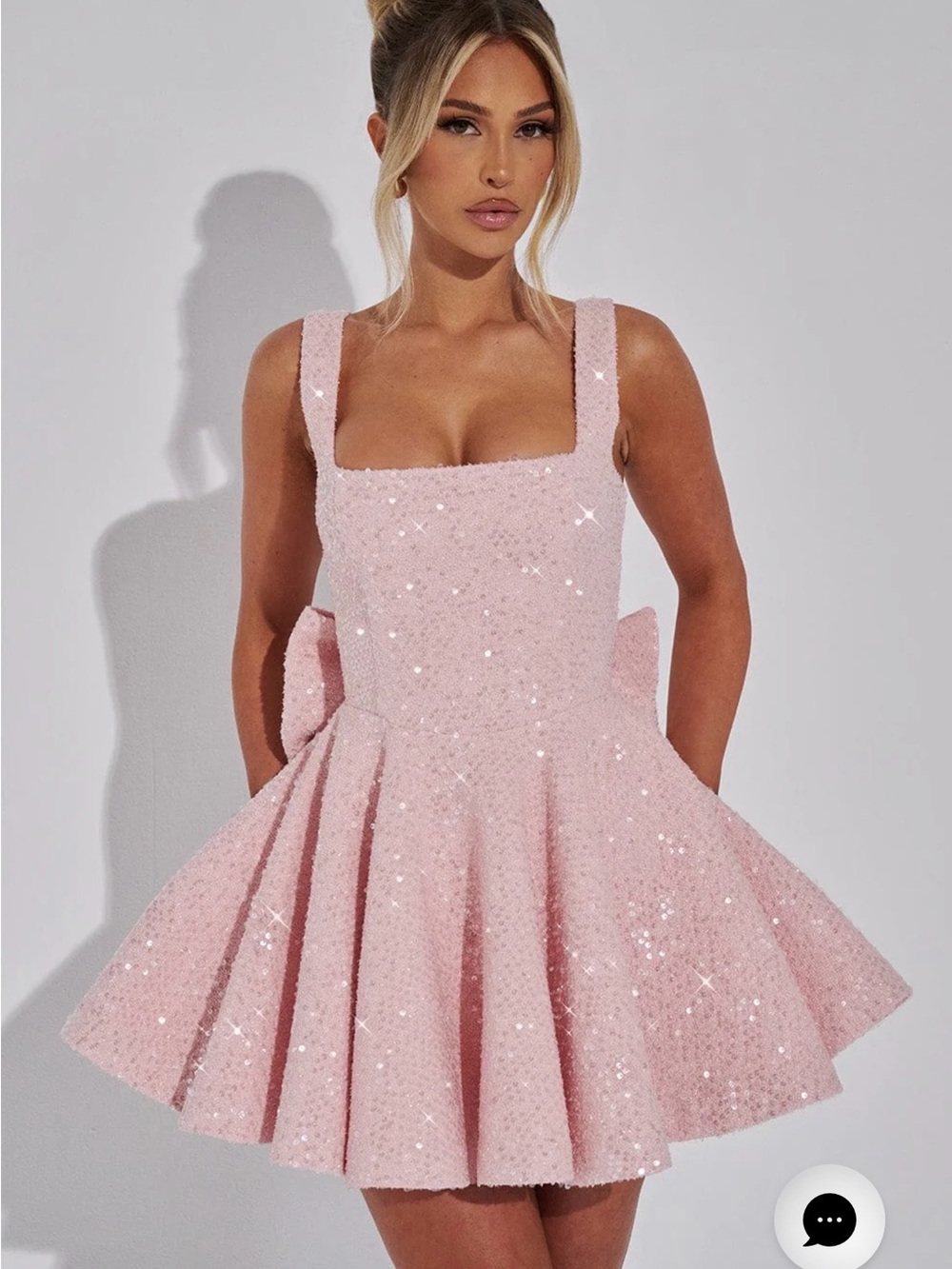 Sequin Square-Neck Pink Mini Dress with Bow Detail